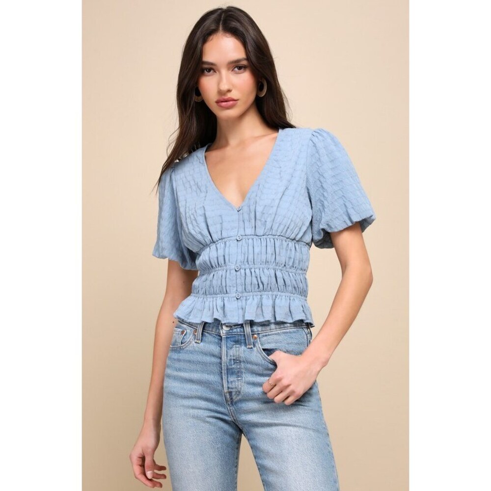 LULUS Must Be Adored Slate Blue Button-Up Textured Puff Sleeve Top